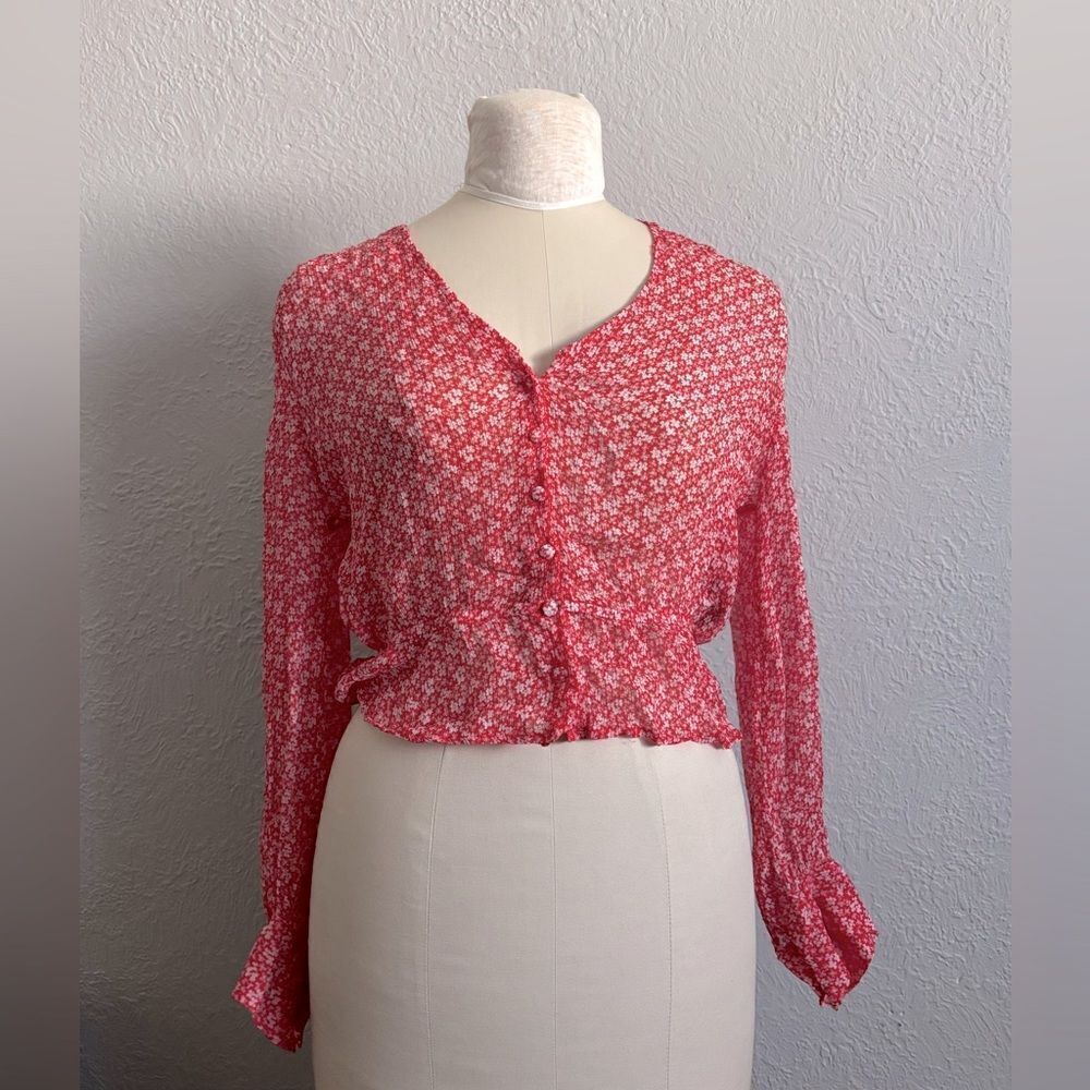 Kooples Boho Floral Red & White Viscose Long Sleeve Top Size Small